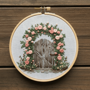close-up-cross-stitched-picture-wooden-door
