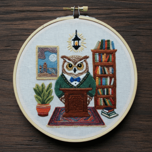close-up-cross-stitched-picture-owl-library