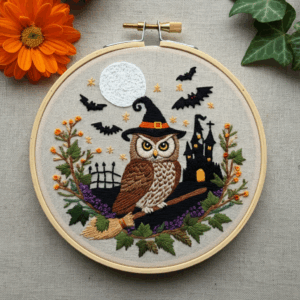 close-up-cross-stitched-picture-owl-broom