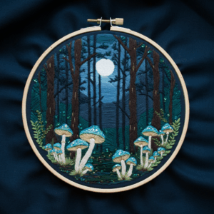 close-up-cross-stitched-picture-mushrooms-forest