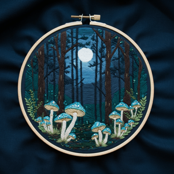 close-up-cross-stitched-picture-mushrooms-forest