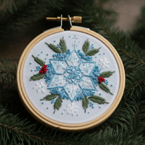 close-up-cross-stitched-snowflake-ornament-pine-tree
