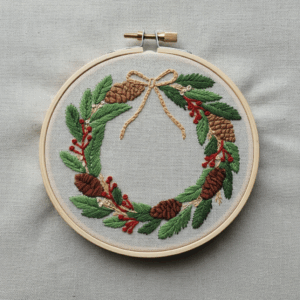 close-up-cross-stitched-wreath-pine-cones-berries