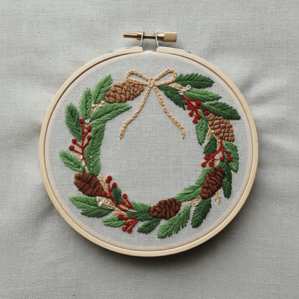 close-up-cross-stitched-wreath-pine-cones-berries