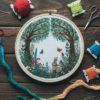close-up-cross-stitching-hoop-picture-squirrel-butterfly