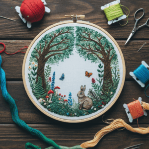 close-up-cross-stitching-hoop-picture-squirrel-butterfly