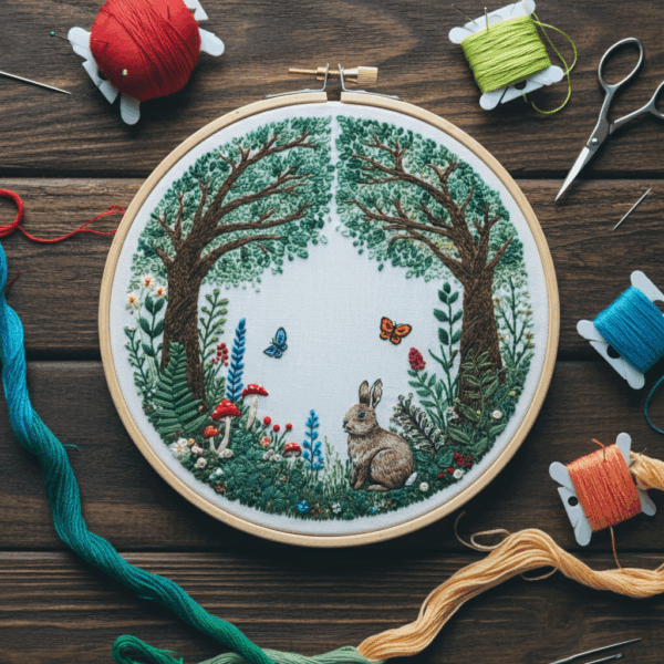close-up-cross-stitching-hoop-picture-squirrel-butterfly