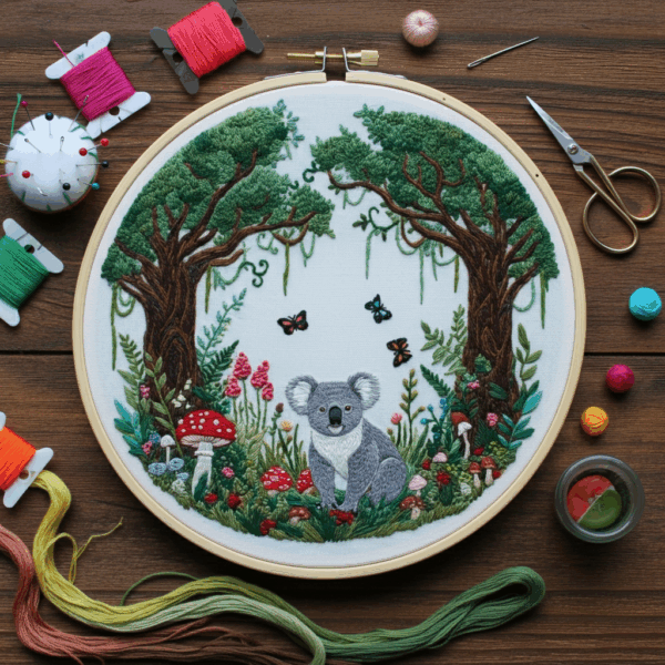 close-up-cross-stitching-picture-koala-surrounded-by-flowers-trees