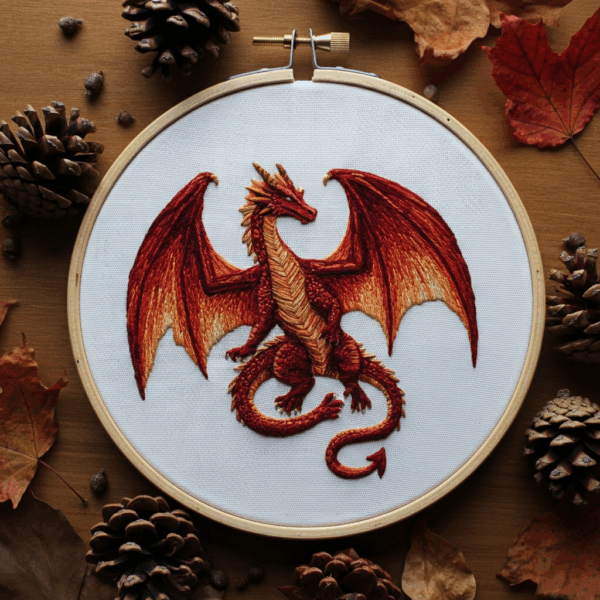 close-up-dragon-embroideryed-hoop-pine-cones
