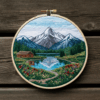close-up-embroidery-mountain-scene-pond