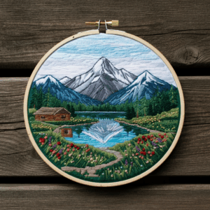 close-up-embroidery-mountain-scene-pond