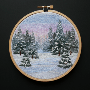 close-up-embroidery-snowy-forest