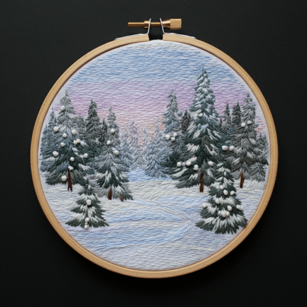 close-up-embroidery-snowy-forest