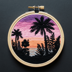 close-up-embroidery-sunset-palm-trees