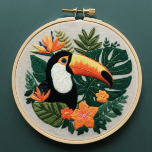 close-up-embroidery-toucan-tropical-leaves-flowers