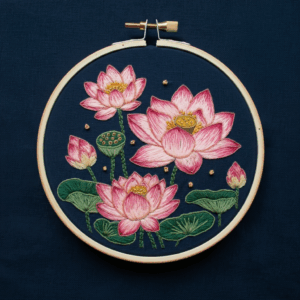 close-up-embroidery-pink-flowers-blue-background