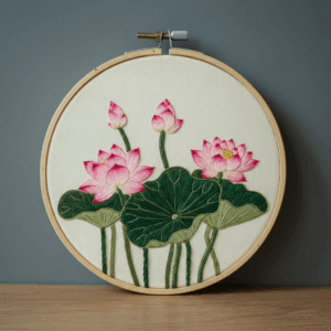 close-up-embroidery-pink-flowers-white-surface