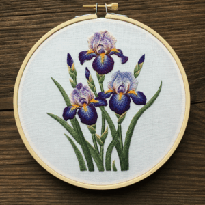 close-up-embroidery-purple-irises-wooden-surface