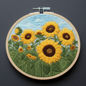 close-up-embroidery-sunflowers-black-surface