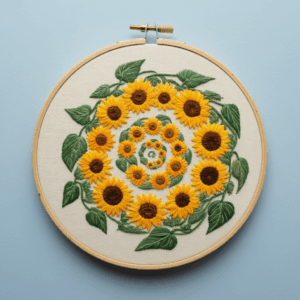 close-up-embroidery-sunflowers-blue-surface