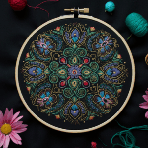 close-up-embroidery-black-surface-flowers