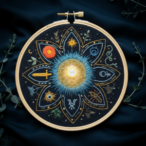 close-up-embroidery-sun-planets