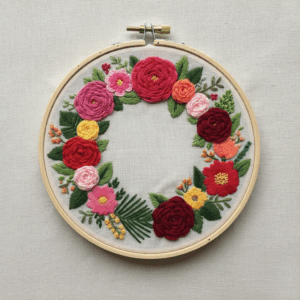 close-up-embroidery-wreath-flowers-white-surface