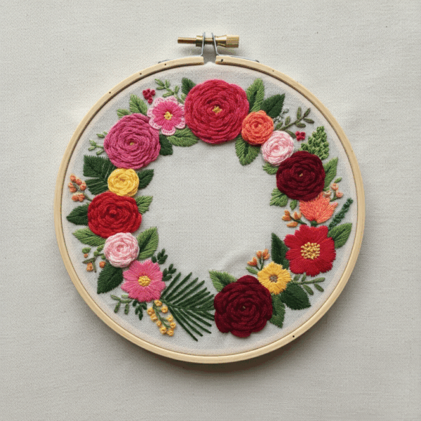 close-up-embroidery-wreath-flowers-white-surface