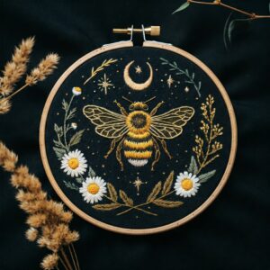 close-up-embroideryed-bee-crescent-flowers