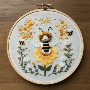close-up-embroideryed-bee-flowers-bees