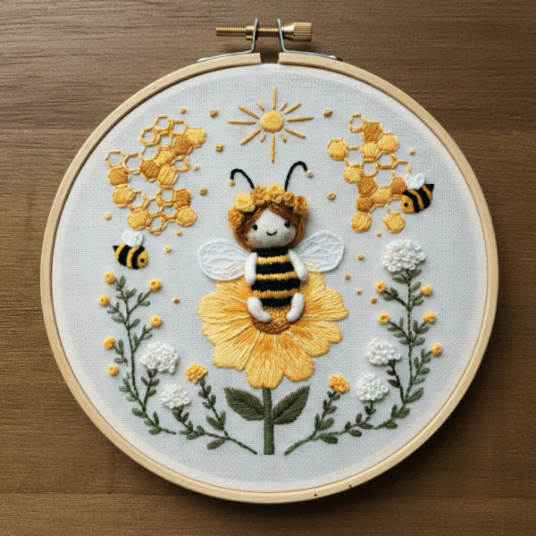 close-up-embroideryed-bee-flowers-bees