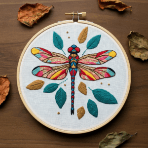 close-up-embroideryed-dragonfly-leaves-table