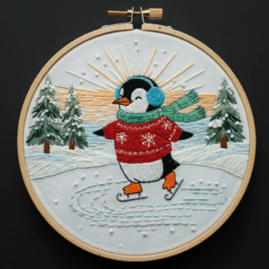 close-up-embroideryed-penguin-wearing-scarf-hat