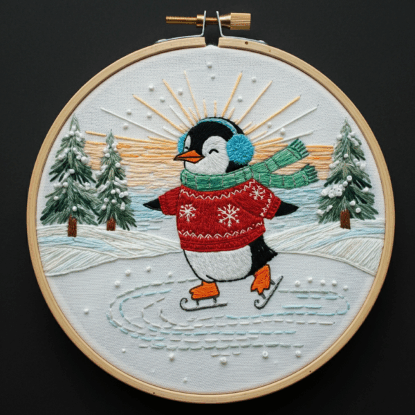 close-up-embroideryed-penguin-wearing-scarf-hat