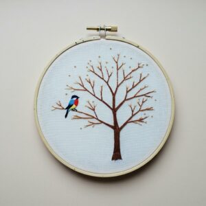close-up-embroideryed-picture-bird-tree
