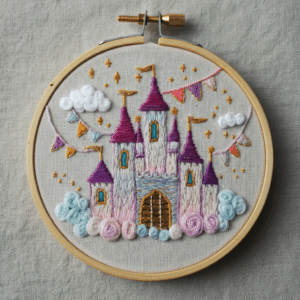 close-up-embroideryed-picture-castle-sky-background