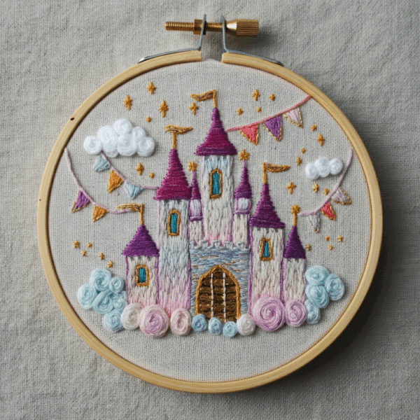 close-up-embroideryed-picture-castle-sky-background