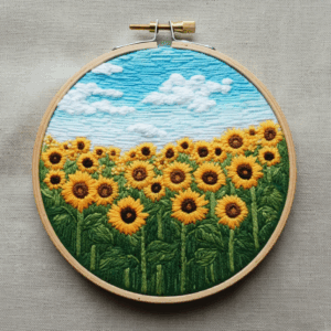close-up-embroideryed-picture-field-sunflowers