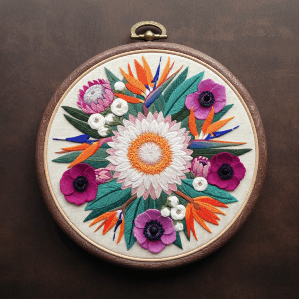 close-up-embroideryed-picture-flower-arrangement