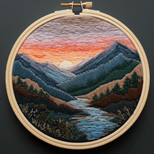close-up-embroideryed-picture-mountain-scene