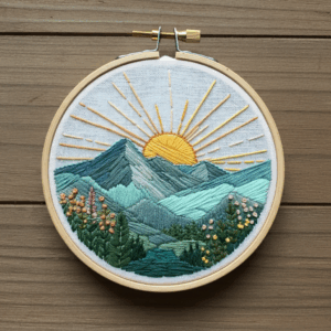 close-up-embroideryed-picture-mountain-sun-2