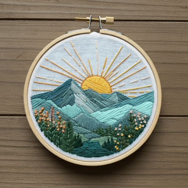 close-up-embroideryed-picture-mountain-sun