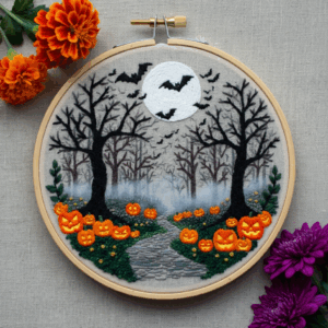 close-up-embroideryed-picture-path-pumpkins