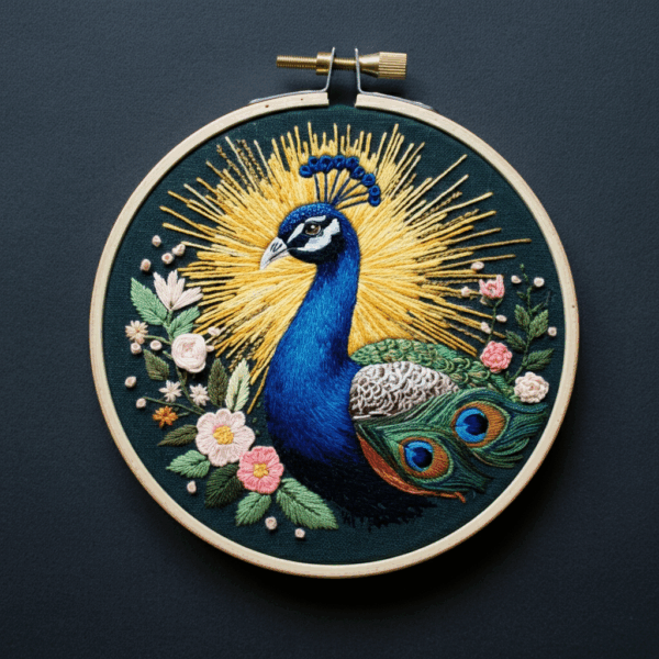 close-up-embroideryed-picture-peacock-flowers