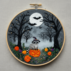 close-up-embroideryed-picture-raccoon-pumpkin