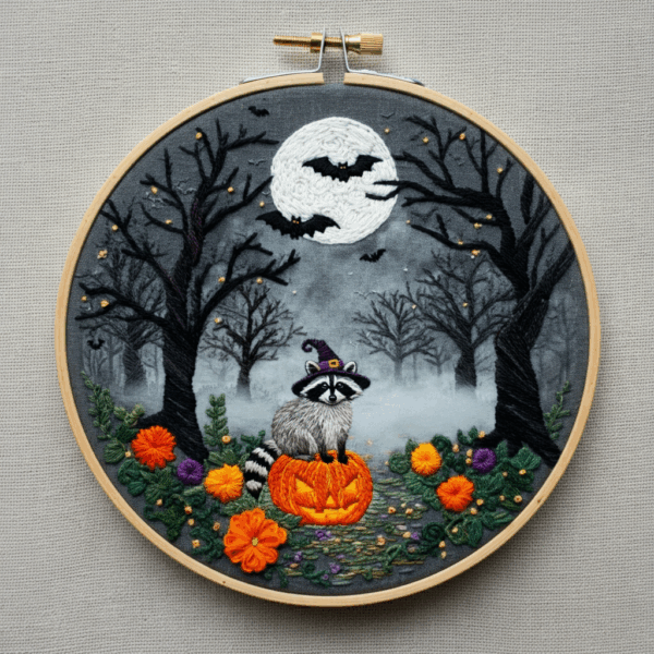 close-up-embroideryed-picture-raccoon-pumpkin