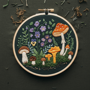 close-up-embroideryed-picture-mushrooms-flowers