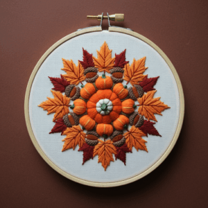 close-up-embroideryed-pumpkin-leaves-hoop