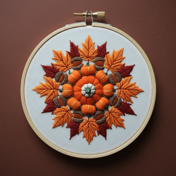 close-up-embroideryed-pumpkin-leaves-hoop