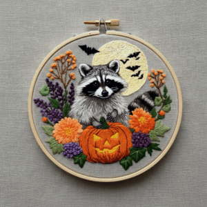 close-up-embroideryed-raccoon-pumpkin-bats